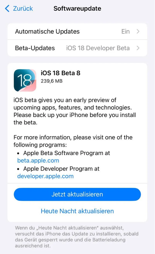 荣邦乡苹果手机维修分享苹果 iOS / iPadOS 18 开发者预览版 Beta 8 发布 